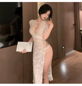 FEE ET MOI - Sheer Lace Deep V Slit Maxi Dress (White)